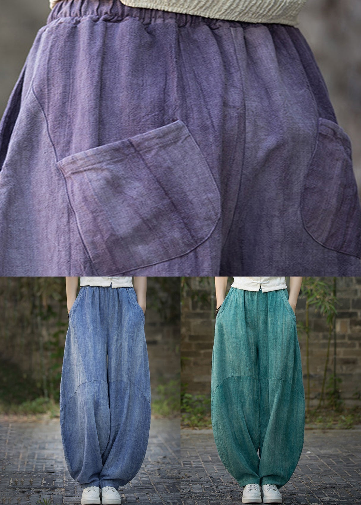 Green Pockets Linen Wide Leg Pants Elastic Waist QE039