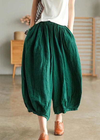 Green Pockets Solid Linen Wide Leg Pants High Waist Summer VV088