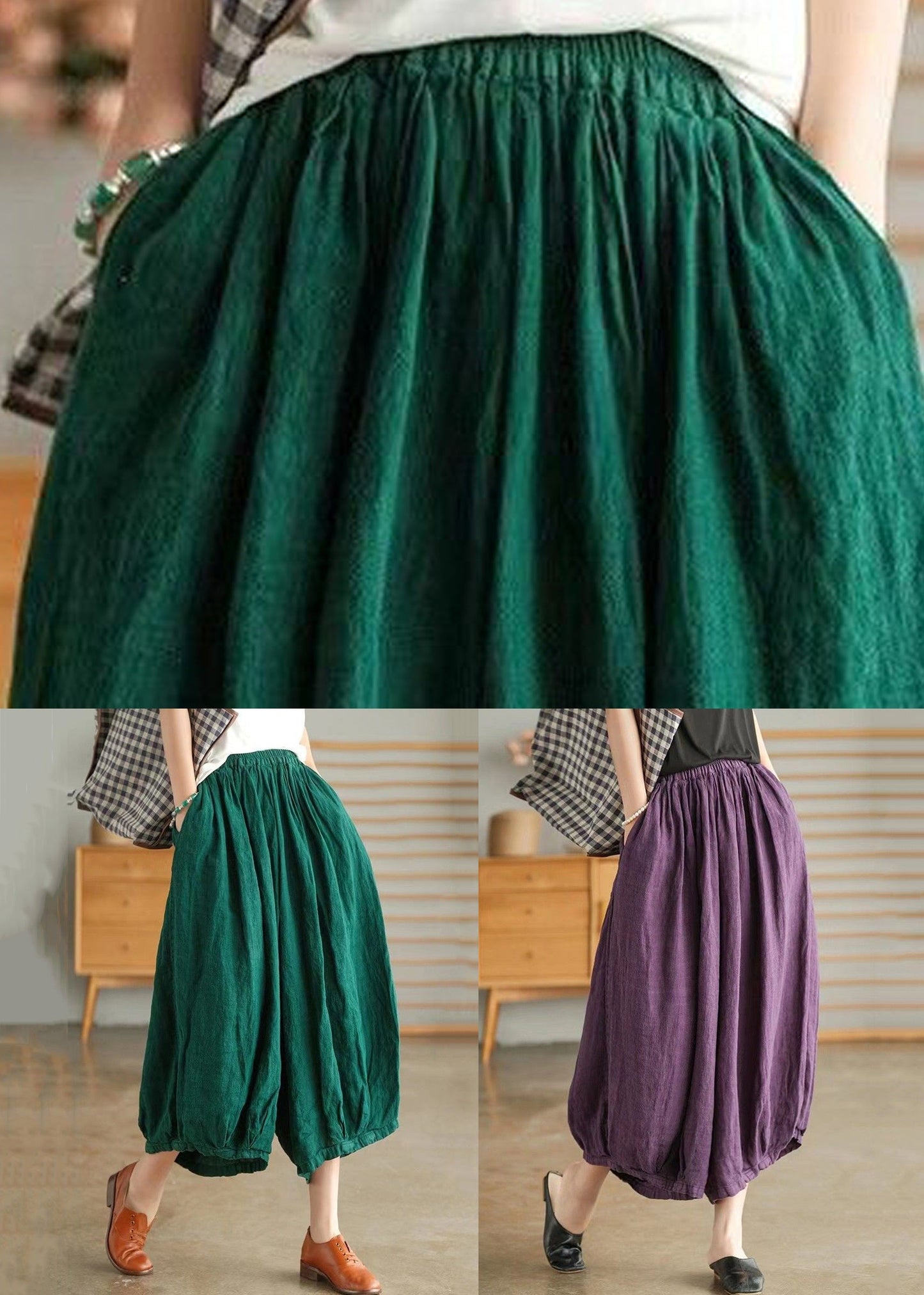 Grüne Taschen, einfarbige Hose aus Leinen mit weitem Bein und hoher Taille, Sommer VV088