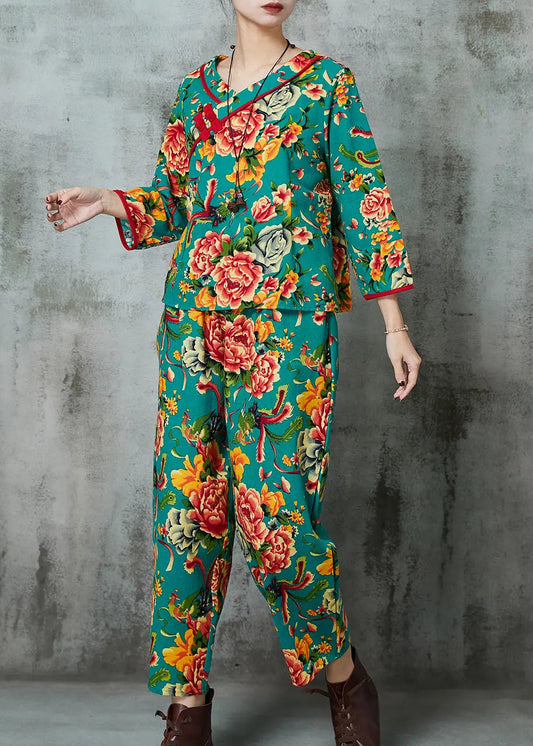 Green Print Cotton Two Pieces Set Chinese Button Spring Ada Fashion