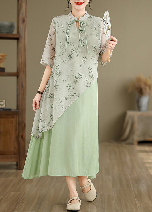 Robe en coton à imprimé vert et faux deux pièces à col montant pour l'été JH050