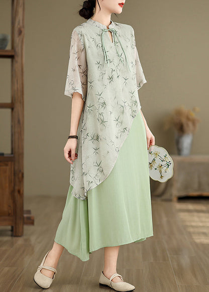 Green Print False Two Pieces Cotton Dresses Stand Collar Summer JH050