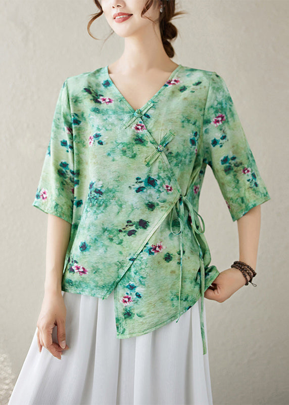 V Sommer Top Hals Bluse Up Print Grün Spitze Baumwolle