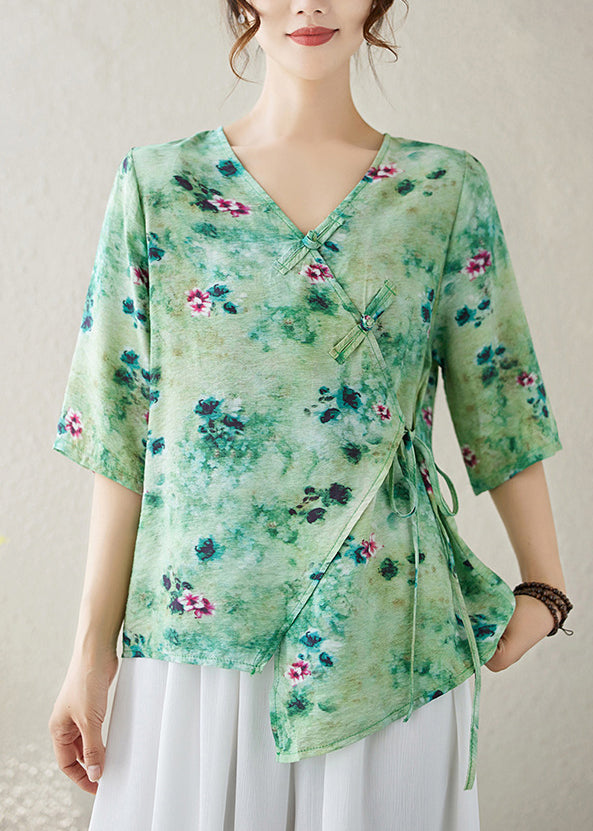 V Sommer Top Hals Bluse Up Print Grün Spitze Baumwolle