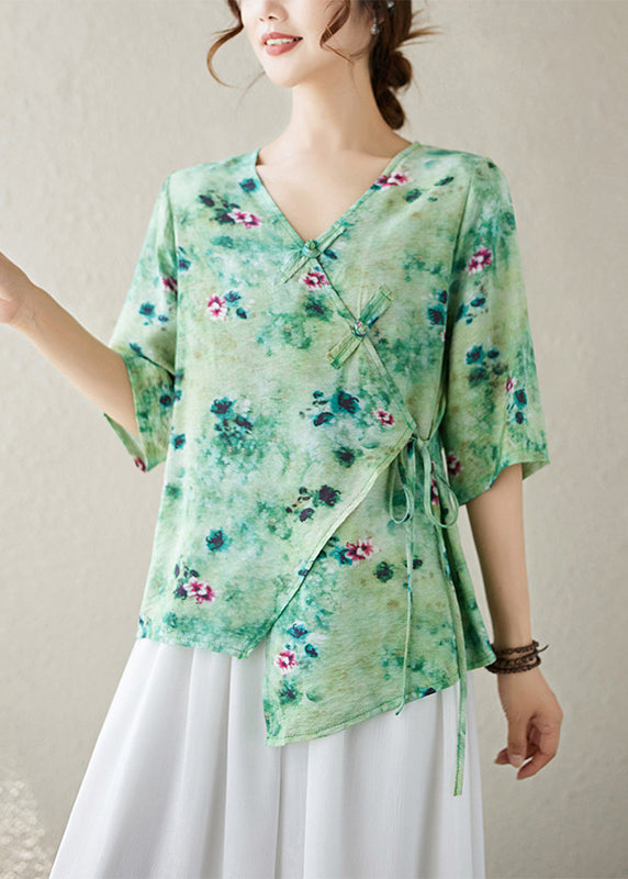 V Sommer Top Hals Bluse Up Print Grün Spitze Baumwolle