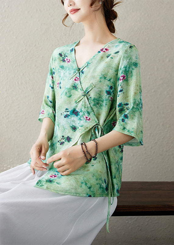 V Sommer Top Hals Bluse Up Print Grün Spitze Baumwolle