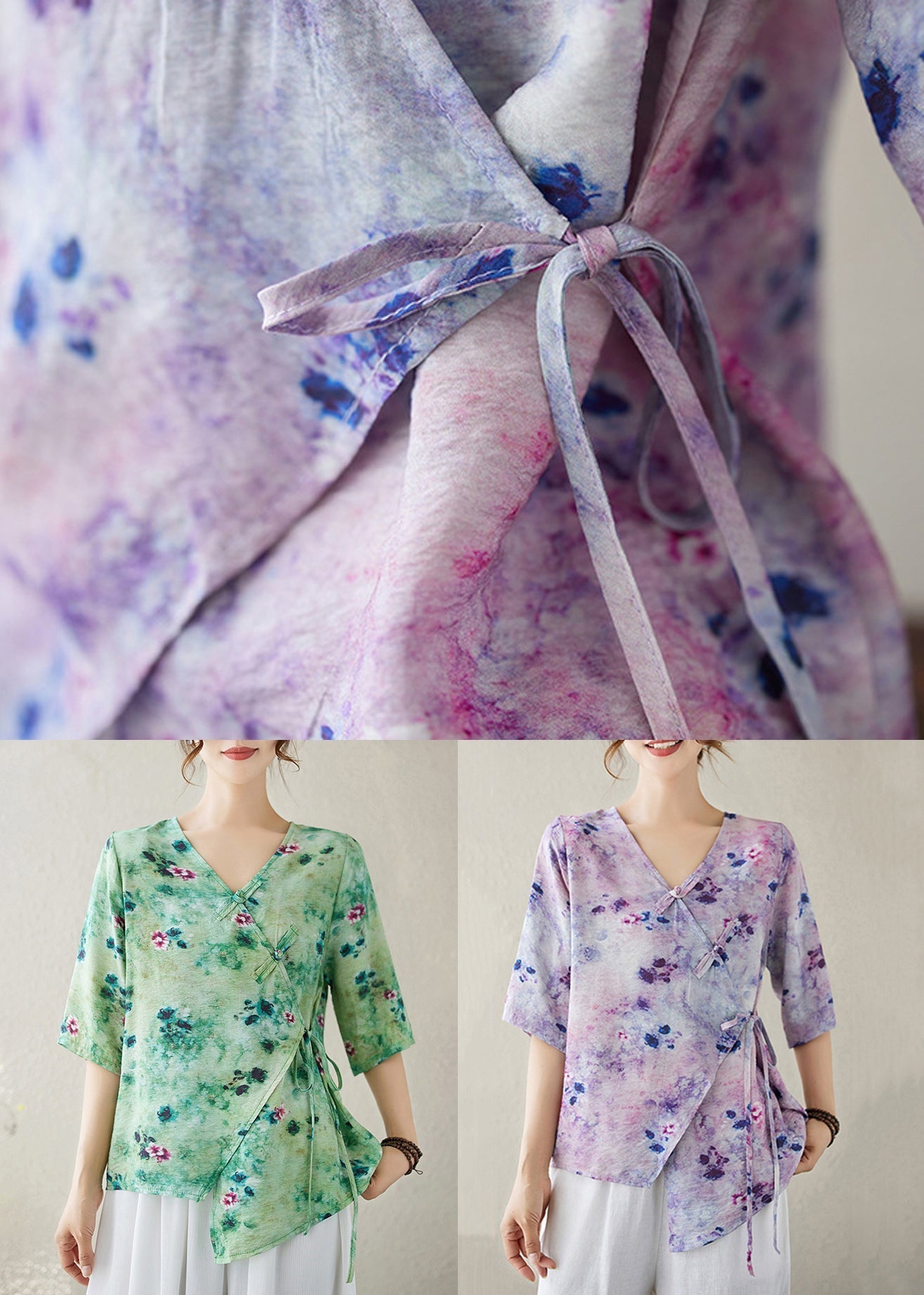 V Sommer Top Hals Bluse Up Print Grün Spitze Baumwolle