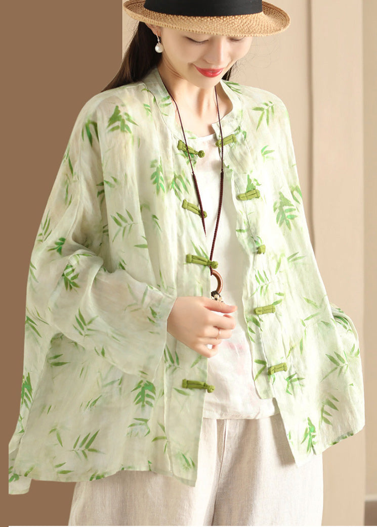 Blusen Knopf Übergroß Sommer Grün Druck Chinesisches Leinen