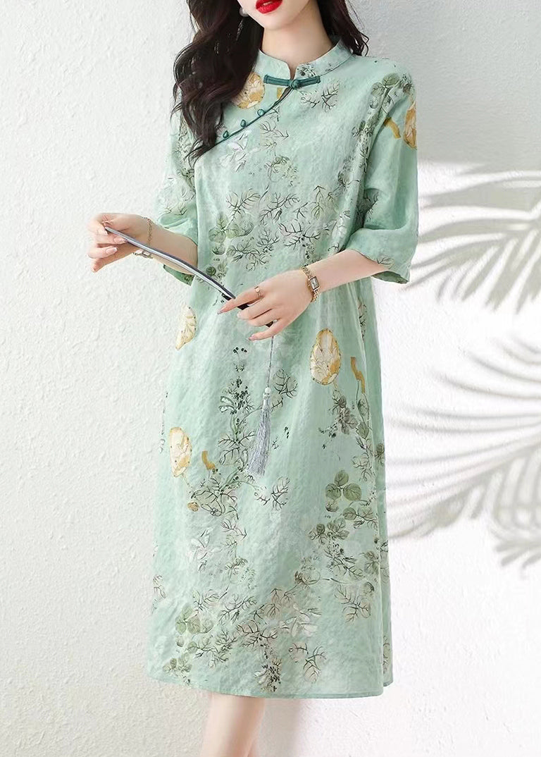 Green Print Linen Dresses Stand Collar Summer JH013