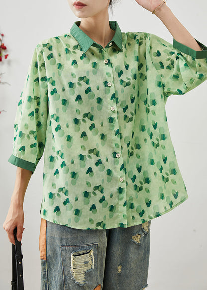 Green Print Linen Shirt Tops Peter Pan Collar Bracelet Sleeve AP1077