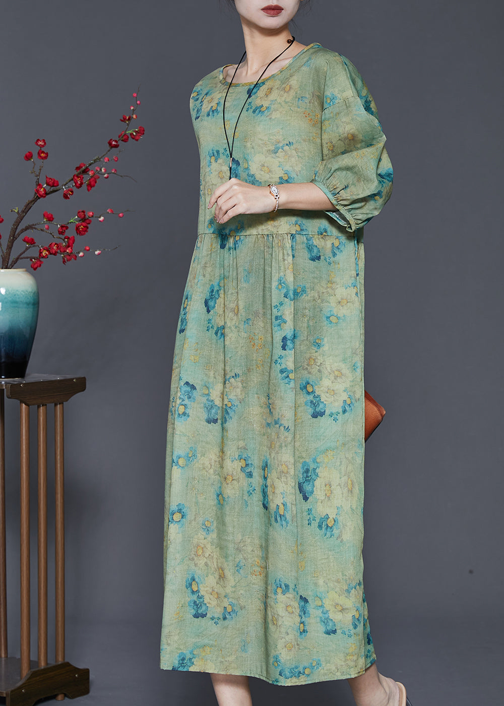 Robe de vacances surdimensionnée en lin imprimé vert pour l'été SD1003