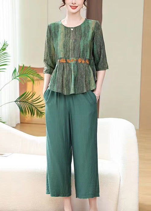 Green Print Pockets Cotton Two Pieces Set O Neck Half Sleeve RE031