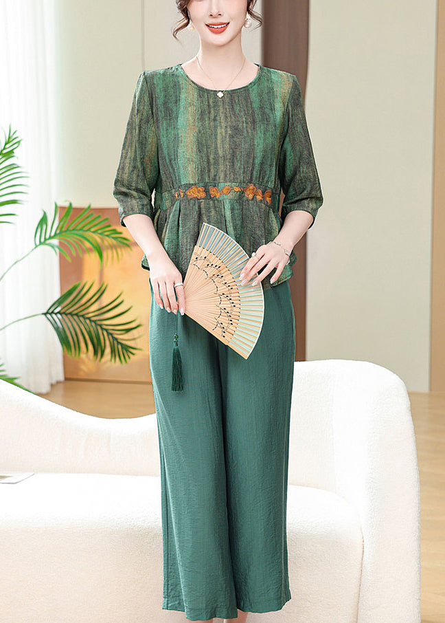 Green Print Pockets Cotton Two Pieces Set O Neck Half Sleeve RE031