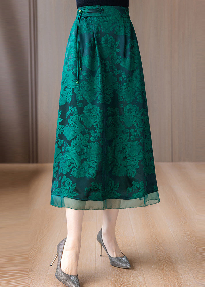 Green Print Silk A Line Skirts Tasseled Summer OO039