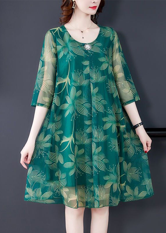 Robe en tulle à imprimé vert, col rond, manches mi-longues, OP1084