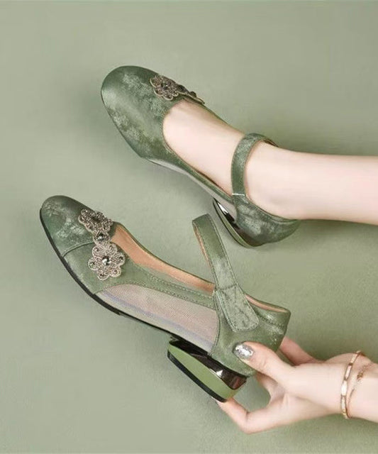 Satin Green Breathable Splicing Strap Buckle Sandals Mesh