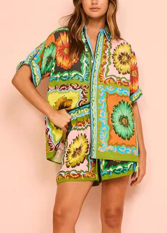 With Two Set Green Pieces Printed And Shorts Short Chrysanthemum