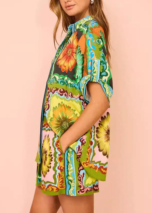 With Two Set Green Pieces Printed And Shorts Short Chrysanthemum