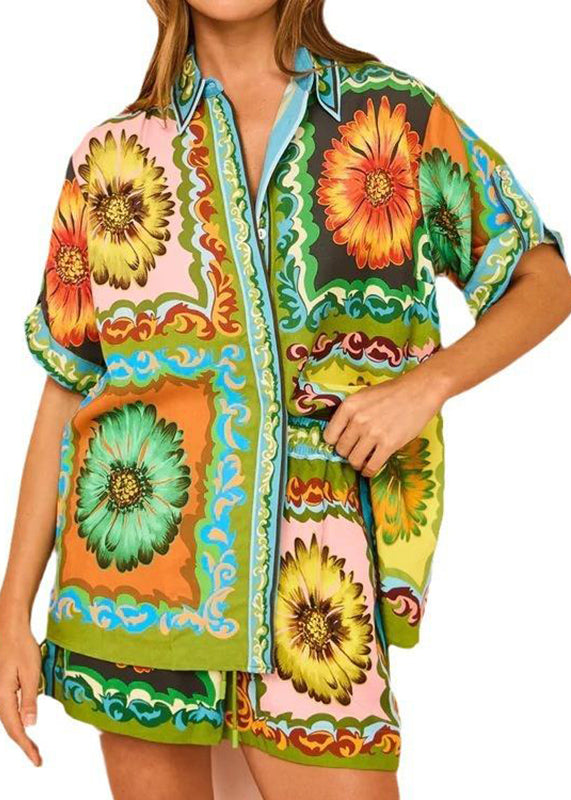 With Two Set Green Pieces Printed And Shorts Short Chrysanthemum