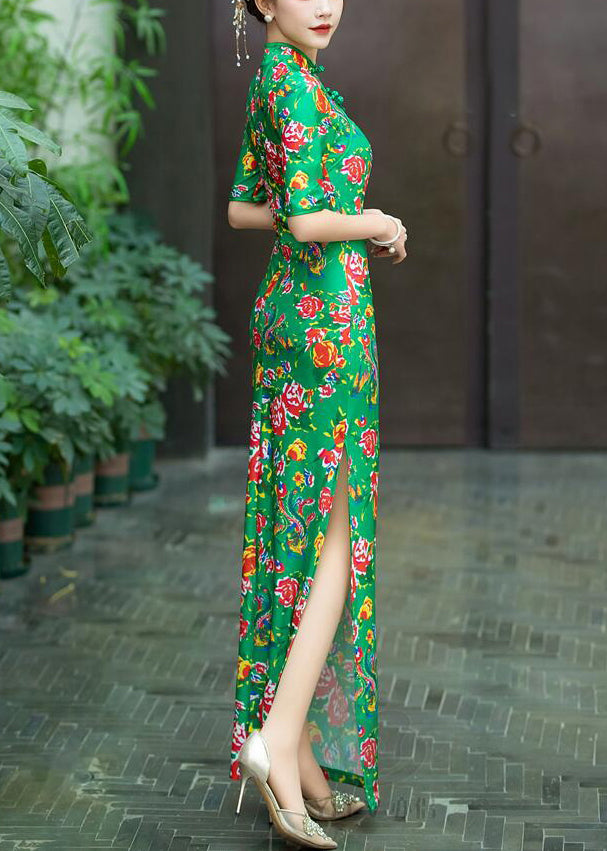 Green Side Open Cotton Dress Stand Collar Short Sleeve QA1003 Ada Fashion