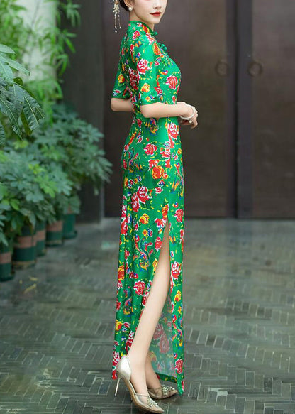 Green Side Open Cotton Dress Stand Collar Short Sleeve QA1003 Ada Fashion