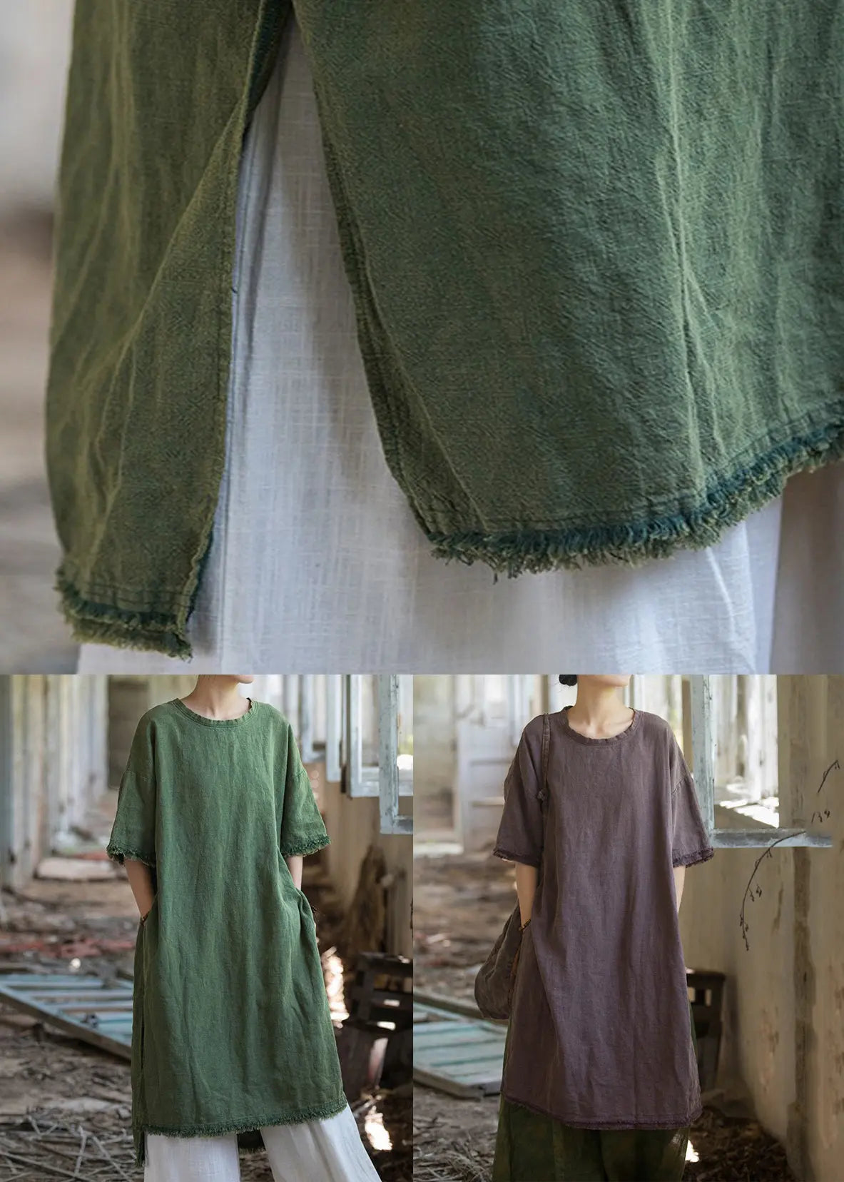 Green Side Open Linen T Shirt Dress O Neck Short Sleeve Ada Fashion