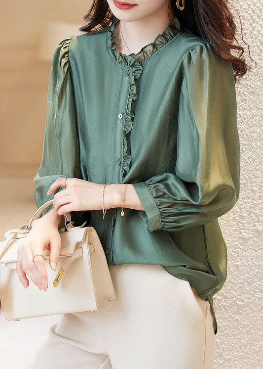 Green Solid Button Chiffon Blouses Ruffled Spring Ada Fashion