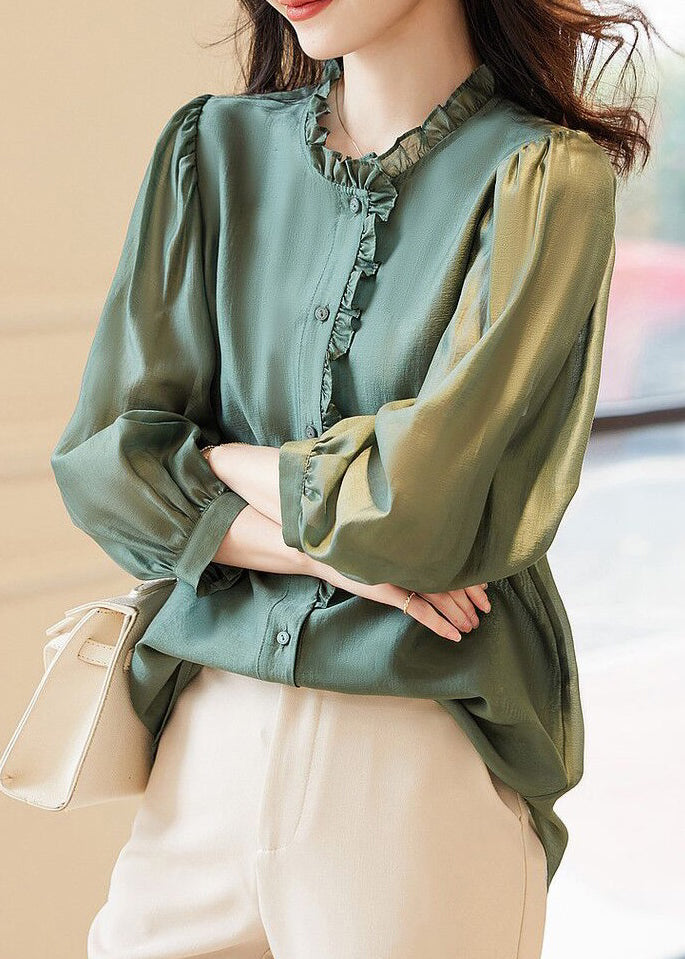 Green Solid Button Chiffon Blouses Ruffled Spring Ada Fashion