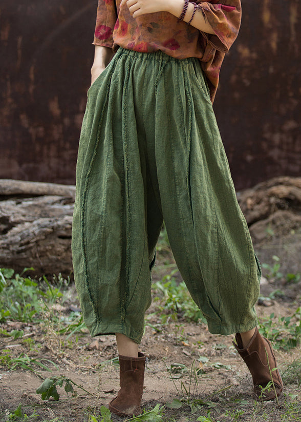 Green Solid Linen Wide Leg Pants Elastic Waist QE027