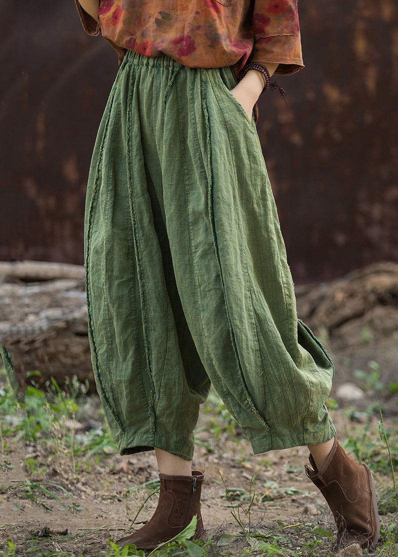 Green Solid Linen Wide Leg Pants Elastic Waist QE027