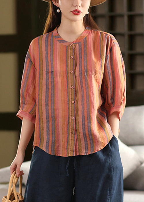 Stripe O Sleeve Linen Bracelet Neck Green Shirts