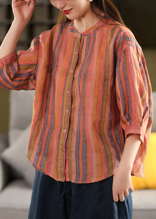 Stripe O Sleeve Linen Bracelet Neck Green Shirts