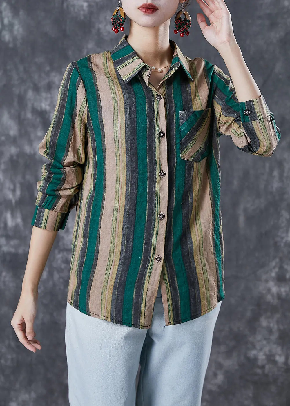 Green Striped Linen Shirt Tops Peter Pan Collar Fall Ada Fashion