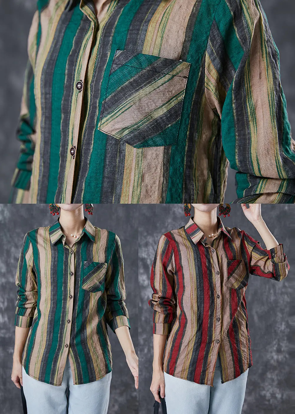 Green Striped Linen Shirt Tops Peter Pan Collar Fall Ada Fashion
