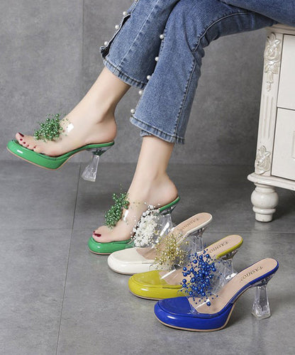 Green Stylish Clear High Heels Splicing Slide Sandals Bead Decorated OI019