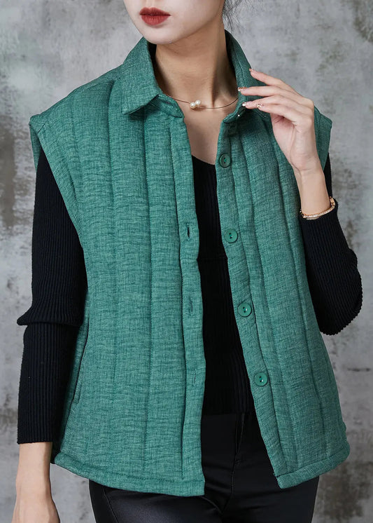 Green Thick Fine Cotton Filled Vest Peter Pan Collar Pockets Spring Ada Fashion