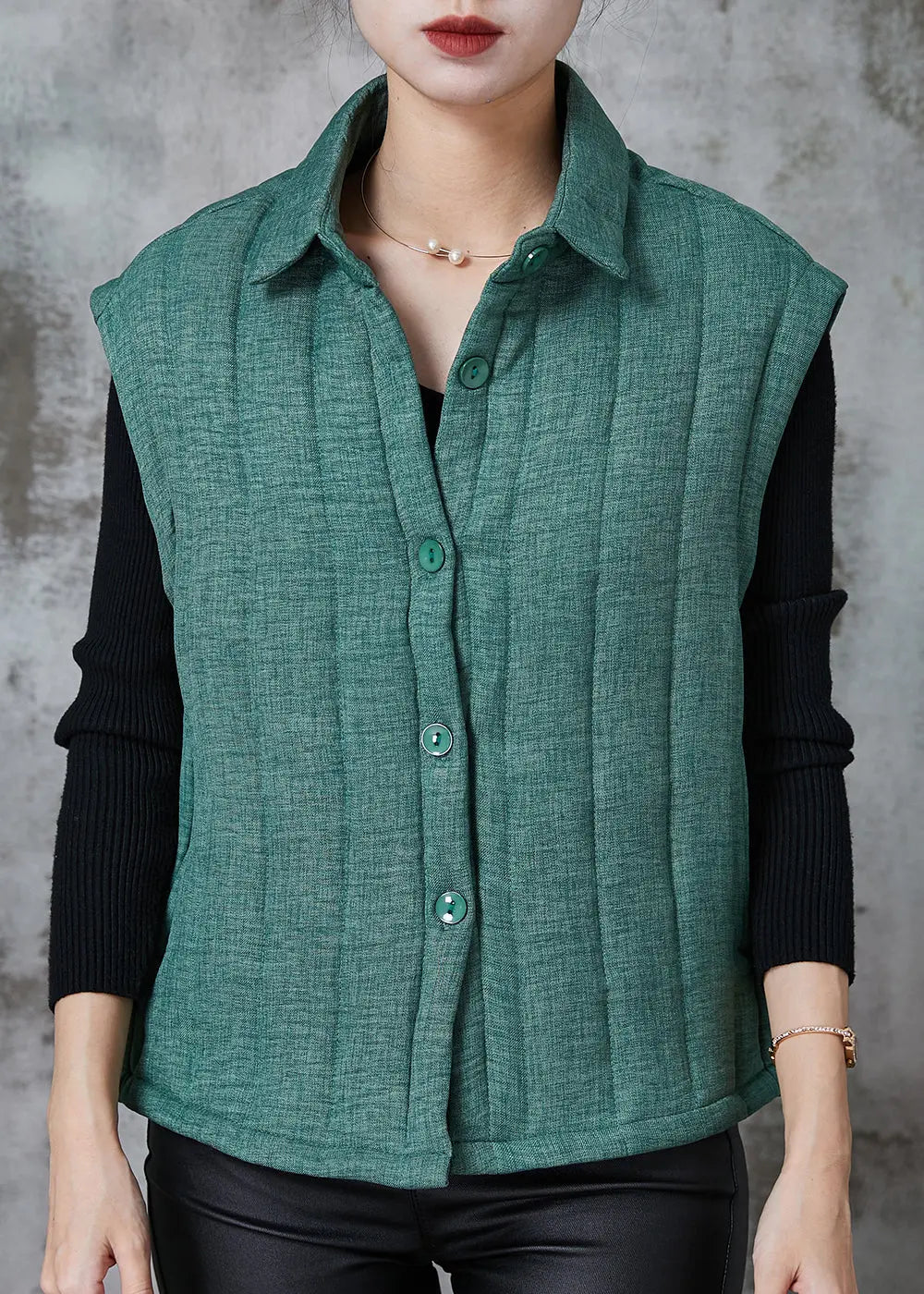 Green Thick Fine Cotton Filled Vest Peter Pan Collar Pockets Spring Ada Fashion