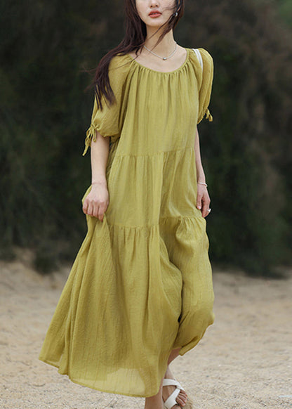 Green Wrinkled Maxi Dress Short Sleeve WW025