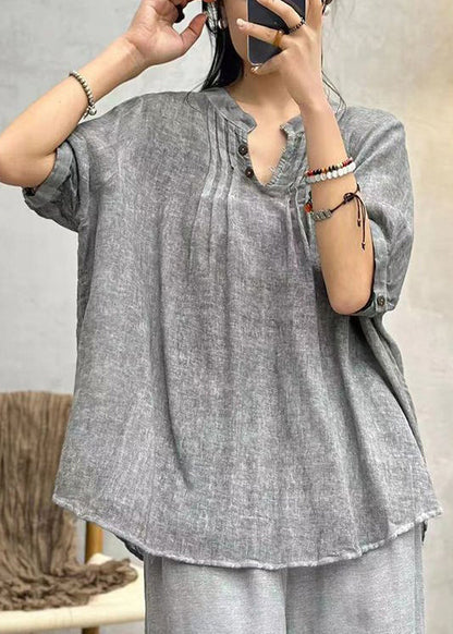 Grey Button Solid Cotton Shirts Stand Collar Half Sleeve AU1065