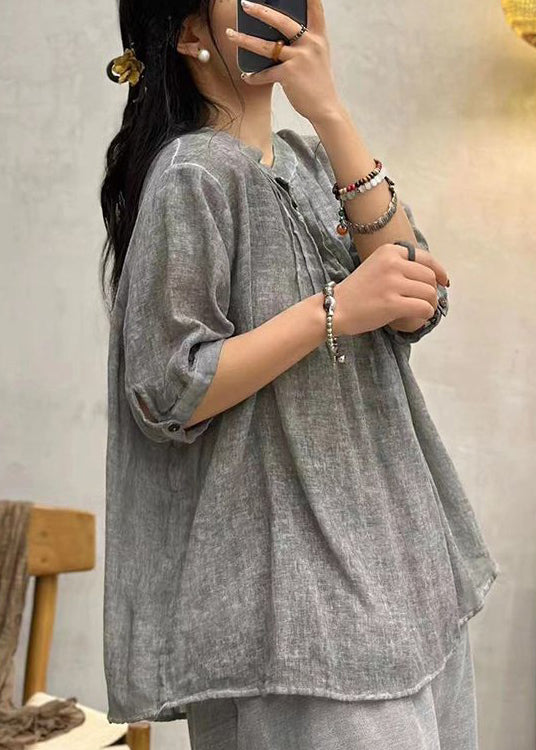 Grey Button Solid Cotton Shirts Stand Collar Half Sleeve AU1065