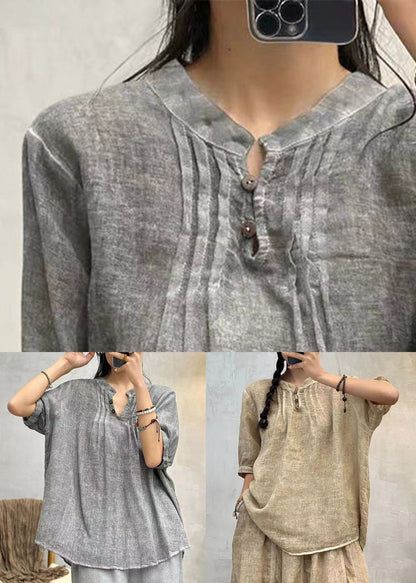 Grey Button Solid Cotton Shirts Stand Collar Half Sleeve AU1065