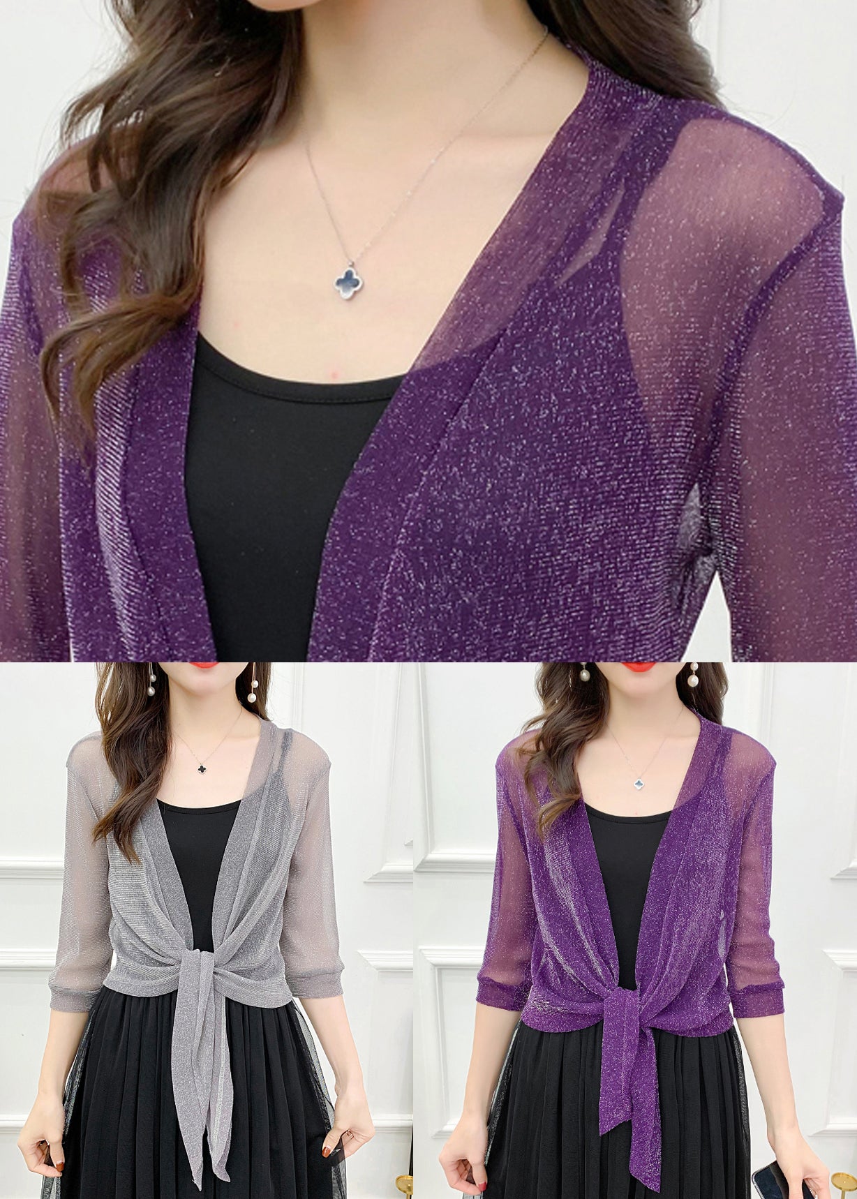 Grey Lace Up Tulle Cardigan V Neck Half Sleeve Ada Fashion