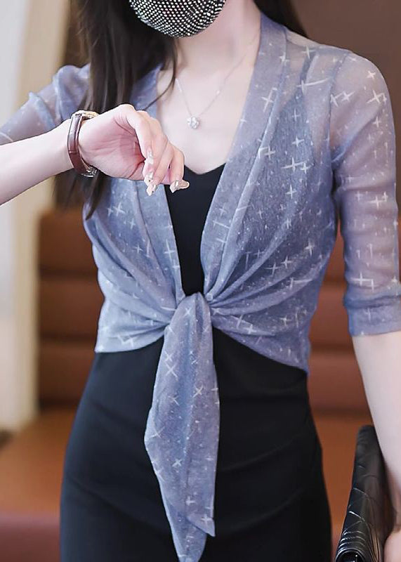 Grey Lace Up Tulle Thin Cardigan V Neck Half Sleeve Ada Fashion