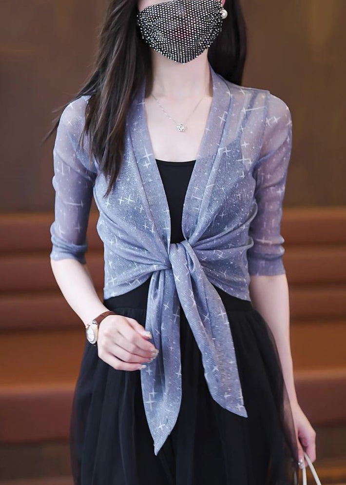 Grey Lace Up Tulle Thin Cardigan V Neck Half Sleeve Ada Fashion