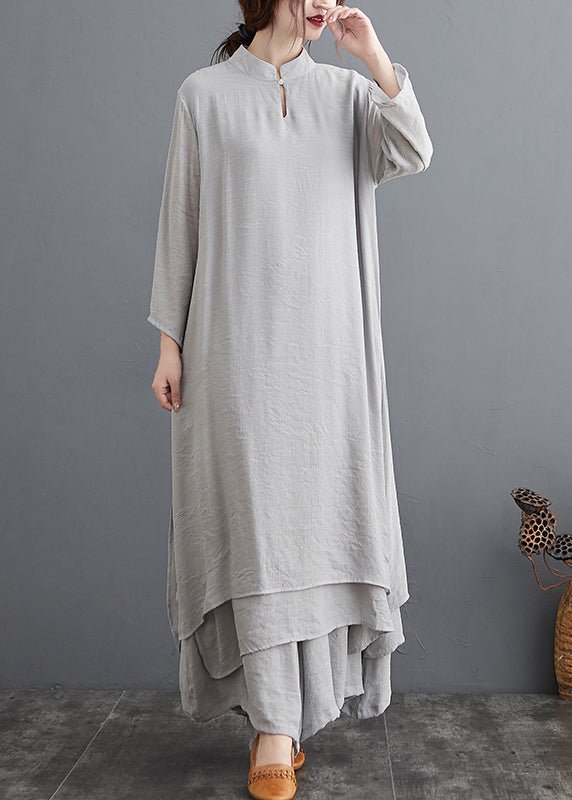 Grey Linen Two Piece Set Tops And Pants Clothing Spring Summer AP095