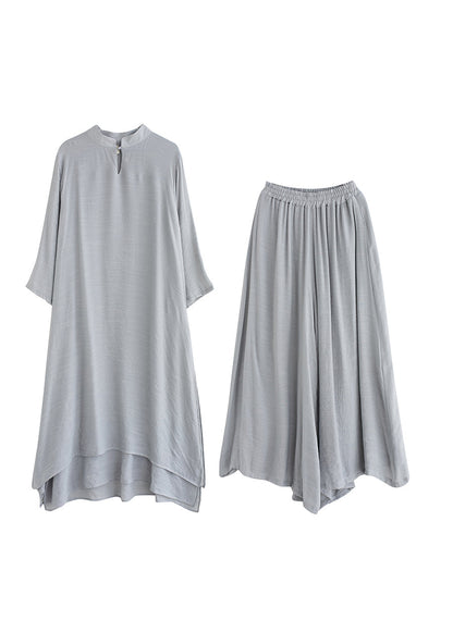 Grey Linen Two Piece Set Tops And Pants Clothing Spring Summer AP095