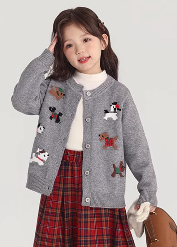 Grey O-Neck Button Cotton Knit Girls Cardigan Spring TP046