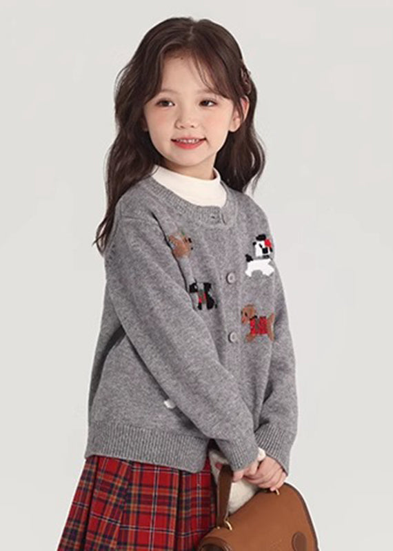 Grey O-Neck Button Cotton Knit Girls Cardigan Spring TP046