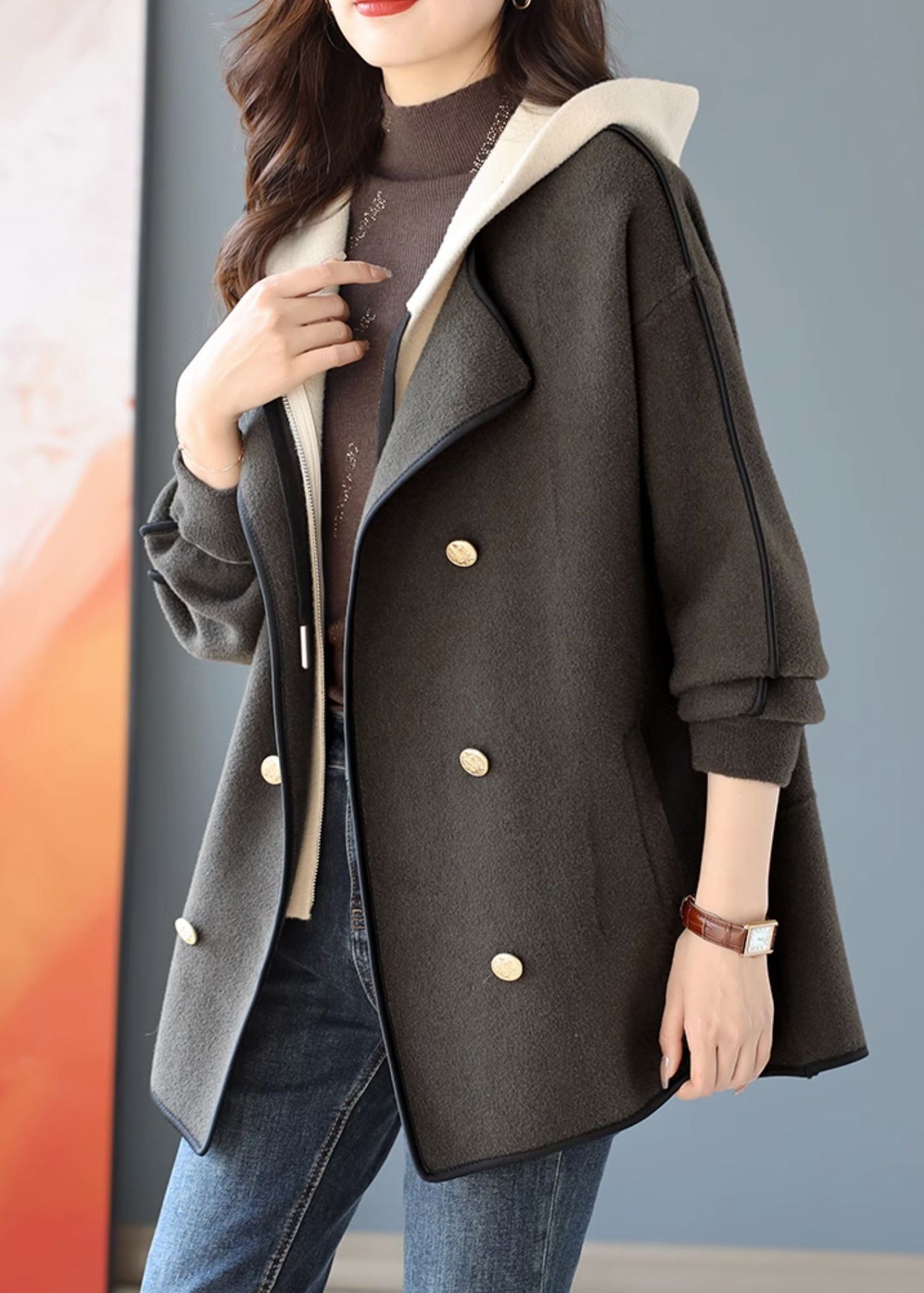 Grey Patchwork Woolen Hooded Coat False Two Pieces Winter RS023