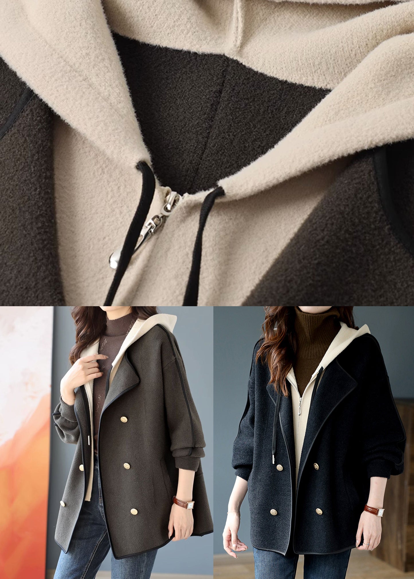 Grey Patchwork Woolen Hooded Coat False Two Pieces Winter RS023